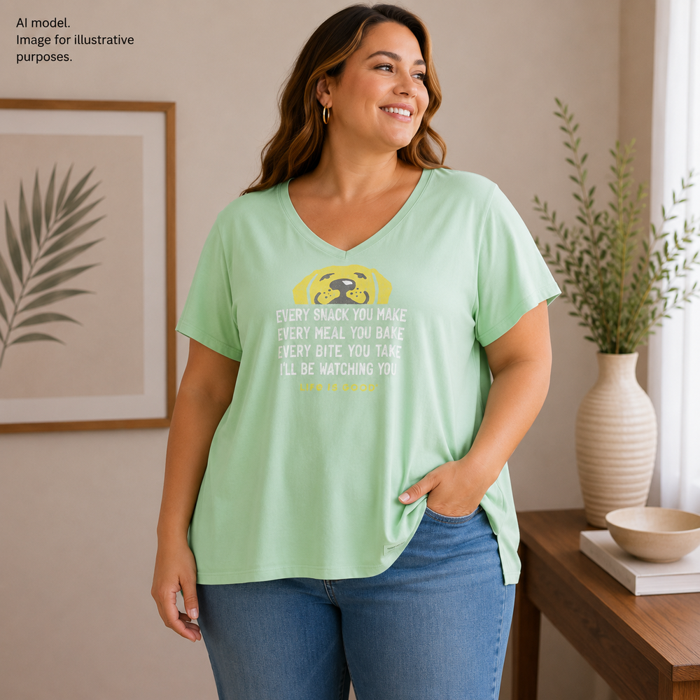 Life Is Good Shirt Womens XL Green Dog Snack Watching You V Neck Crusher Tee Top